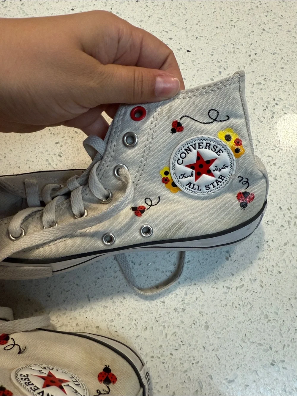 Converse Kids White High-Top Sneakers with Ladybug & Floral Accents